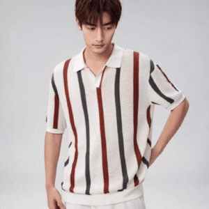 Korean Style Openwork Mesh Striped Polo Shirt Men, Summer Fashion Fitted Design Casual Short Sleeve Knit Top