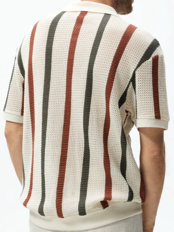 Korean Style Openwork Mesh Striped Polo Shirt Men, Summer Fashion Fitted Design Casual Short Sleeve Knit Top - Image 8