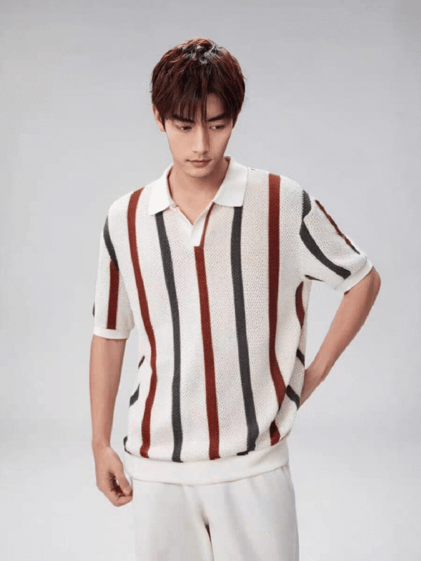 Korean Style Openwork Mesh Striped Polo Shirt Men, Summer Fashion Fitted Design Casual Short Sleeve Knit Top