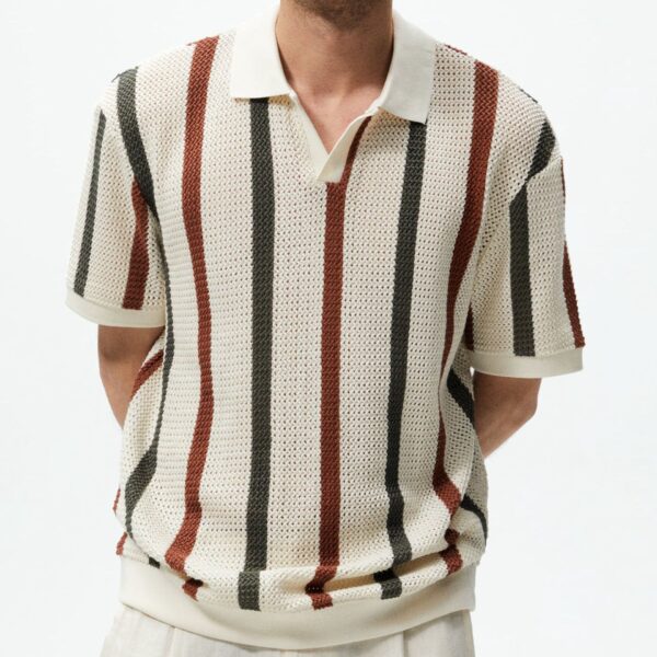 Korean Style Openwork Mesh Striped Polo Shirt Men, Summer Fashion Fitted Design Casual Short Sleeve Knit Top - Image 2