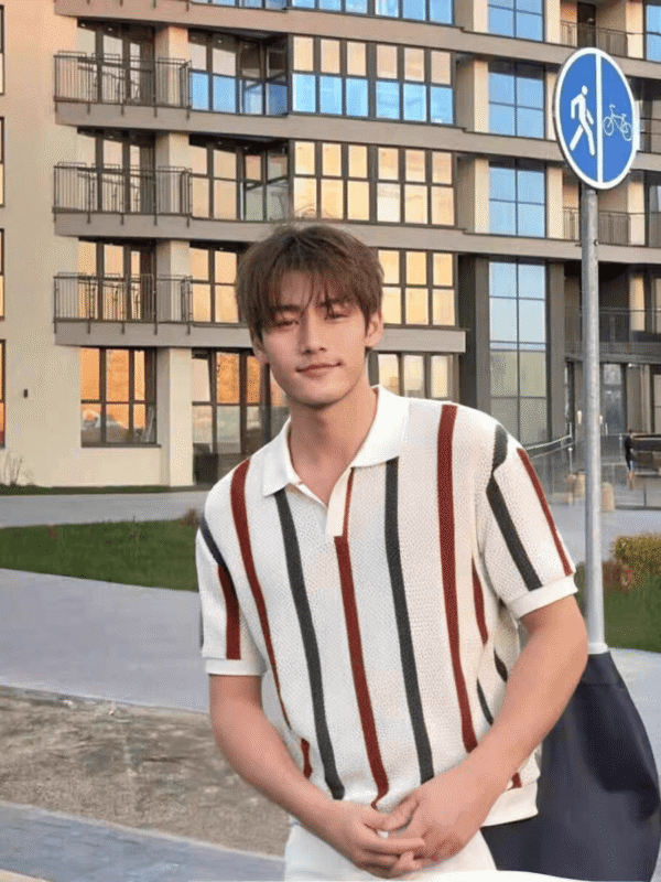Korean Style Openwork Mesh Striped Polo Shirt Men, Summer Fashion Fitted Design Casual Short Sleeve Knit Top - Image 3