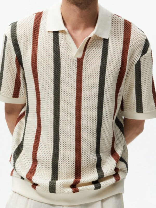 Korean Style Openwork Mesh Striped Polo Shirt Men, Summer Fashion Fitted Design Casual Short Sleeve Knit Top - Image 4