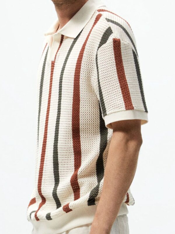 Korean Style Openwork Mesh Striped Polo Shirt Men, Summer Fashion Fitted Design Casual Short Sleeve Knit Top - Image 6
