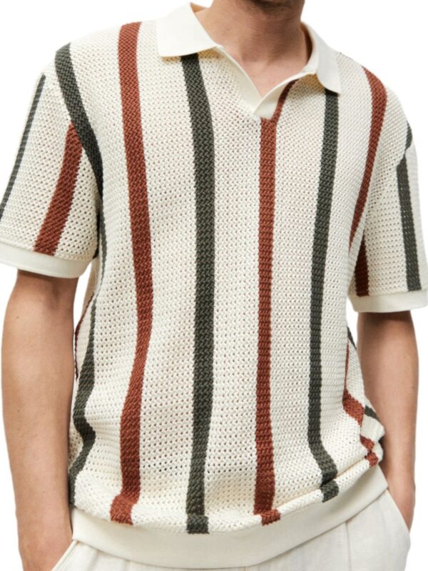Korean Style Openwork Mesh Striped Polo Shirt Men, Summer Fashion Fitted Design Casual Short Sleeve Knit Top - Image 7